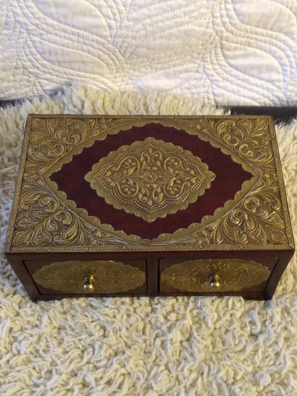 VTG '70-90's Jewelry Box wooden Boho Brass Embossed Embellishments 2 drawer